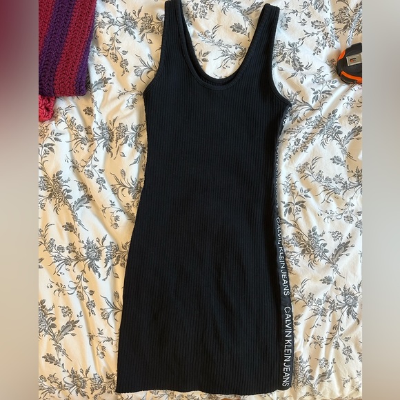 Calvin Klein Jeans Logo Tape Ribbed Sleeveless Mini Dress - Picture 3 of 4